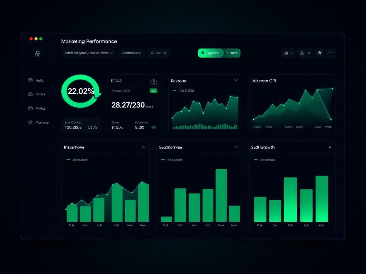 Dashboard de performance com métricas de tráfego pago e IA